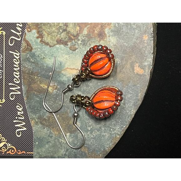 Handmade Wire Wrap Earrings Pumpkins - Picture 8 of 10